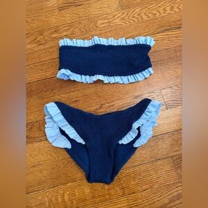 Hunza G Navy and Light Blue Ruffle women’s Swim Set